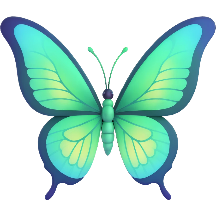 fantasy butterfly with large symmetrical wings in green #c0ff53, glowing softly with gradient highlights, magical sparkles, dreamy aura, transparent PNG, 3D cartoon digital fantasy art style emoji