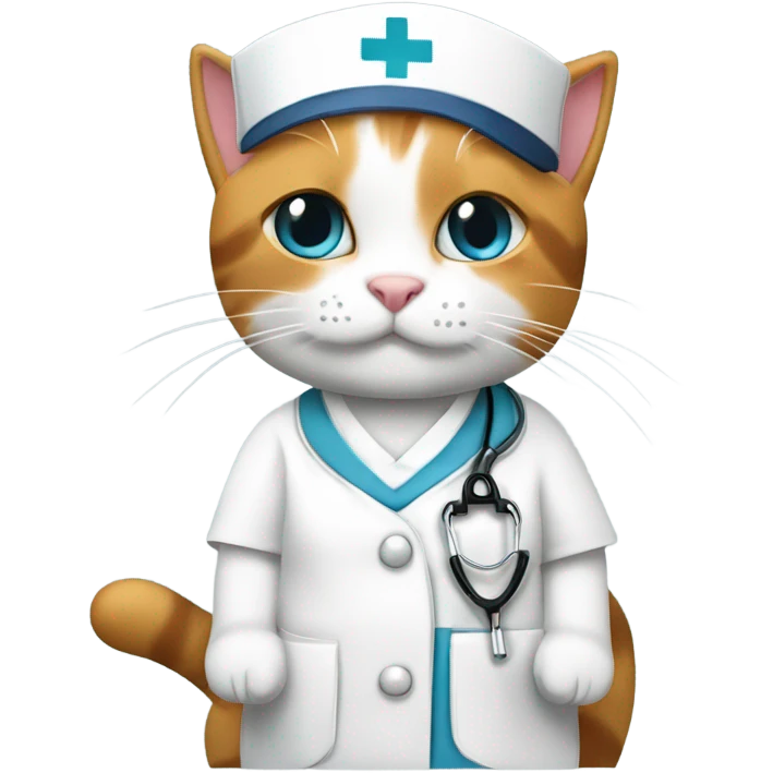 Calico cat wearing nurses uniform with￼ with nurse’s cap emoji