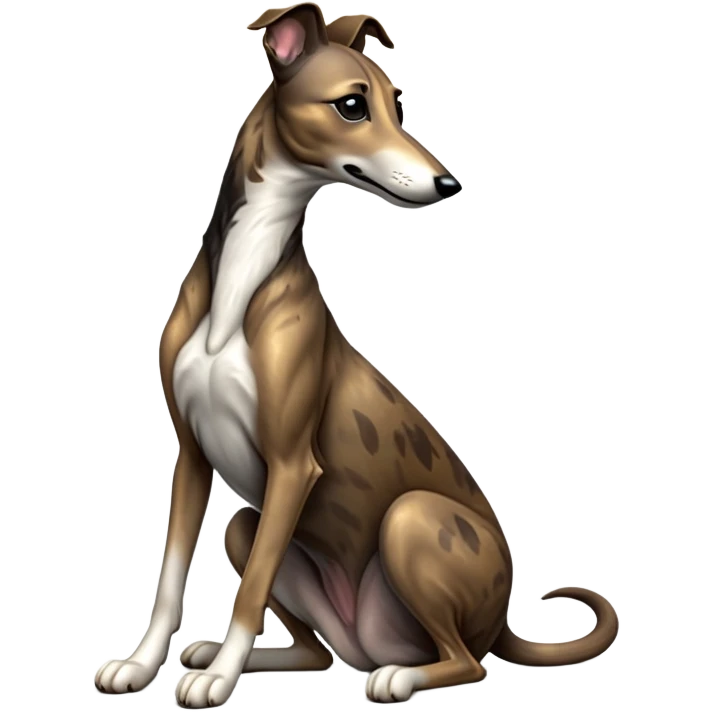cinematic-[brindle greyhound]-realistic-full-body-sitting-emoji,-tail-resting-loosely-beside-its-paws,-head-tilted-dramatically, -sleek-[brindle]-fur,-simplified-yet-realistic-focused-features,-highly-detailed,-glowing-with-an-almost-sarcastic-glow emoji