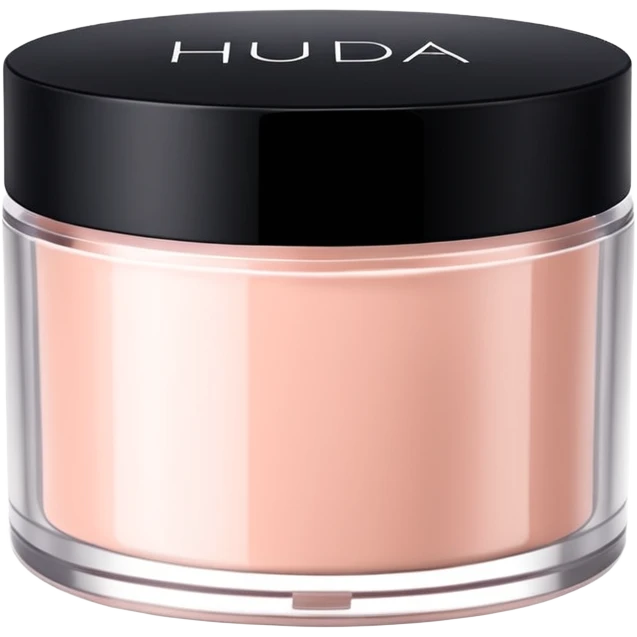 Create an emoji of Huda Beauty loose powder in its round, flat jar, short and wide, frosted or matte plastic, black screw-on lid, minimal luxe makeup packaging, clean glam aesthetic. emoji