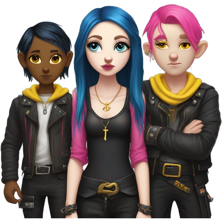 Blue eyed long eye lashes pout blonde and pink hair pale hime gyaru girl, hot pink and yellow split-dyed hair, nose ring, elf ears, dark makeup, punk clothes standing next to three diffrent men praying on their knees emoji