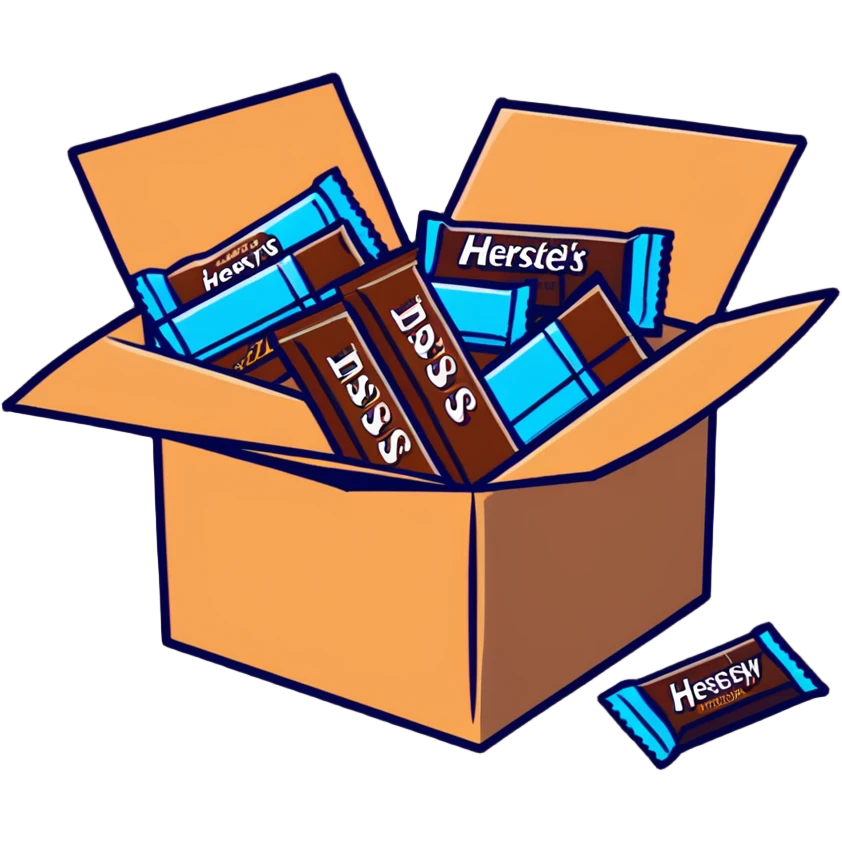 cardboard box full of wrapped Hershey's chocolate bars emoji