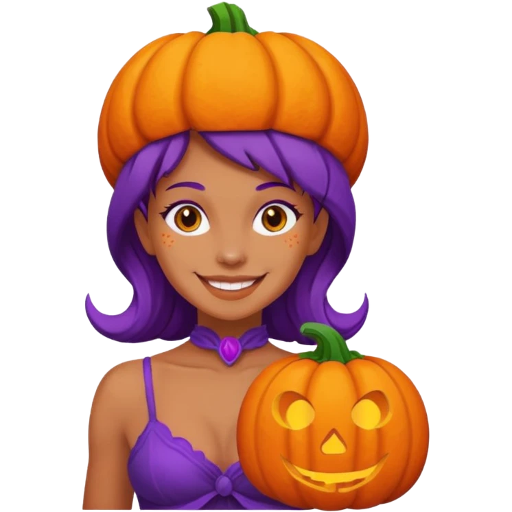 A naked woman with bare chest wears a carved pumpkin on its head with purple skin emoji