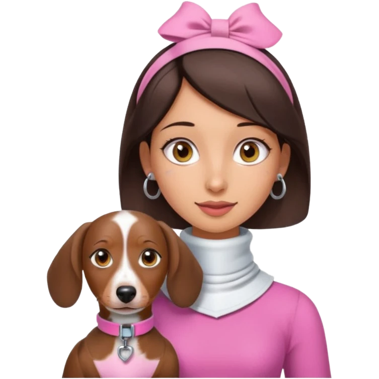 a brunette girl, olive skin, hazel eyes, pink top, neck brace on her neck, piebald dachshund next to her emoji