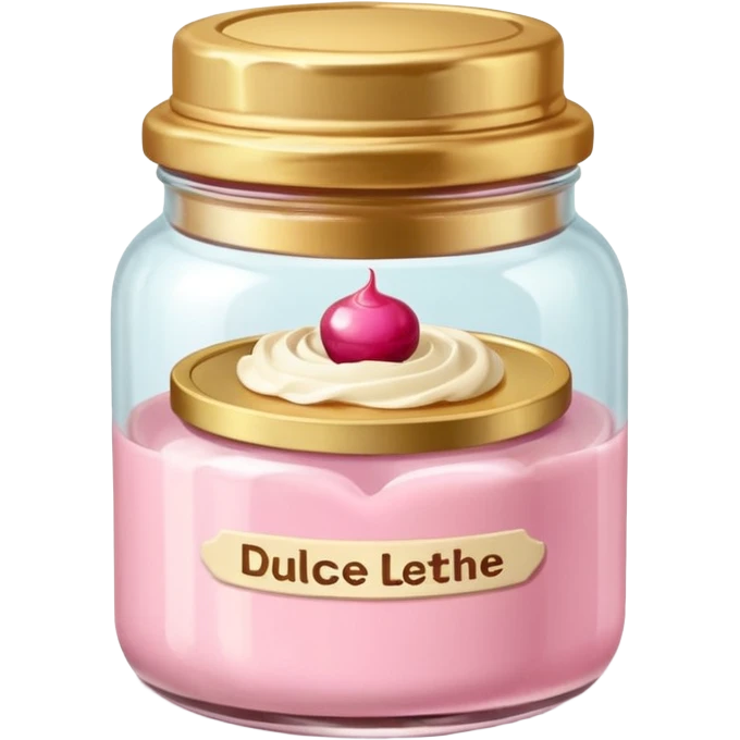 little ronded glass jar of dessert (dulce de letche) with golden lid and baby pink label emoji