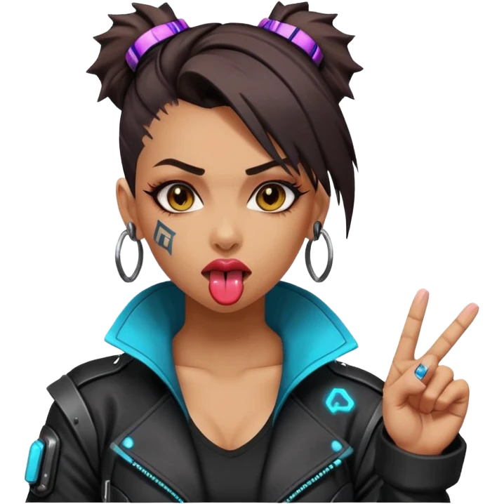 Woman with her tongue out in cyberpunk clothing and giving the middle finger. Looking naughty. emoji