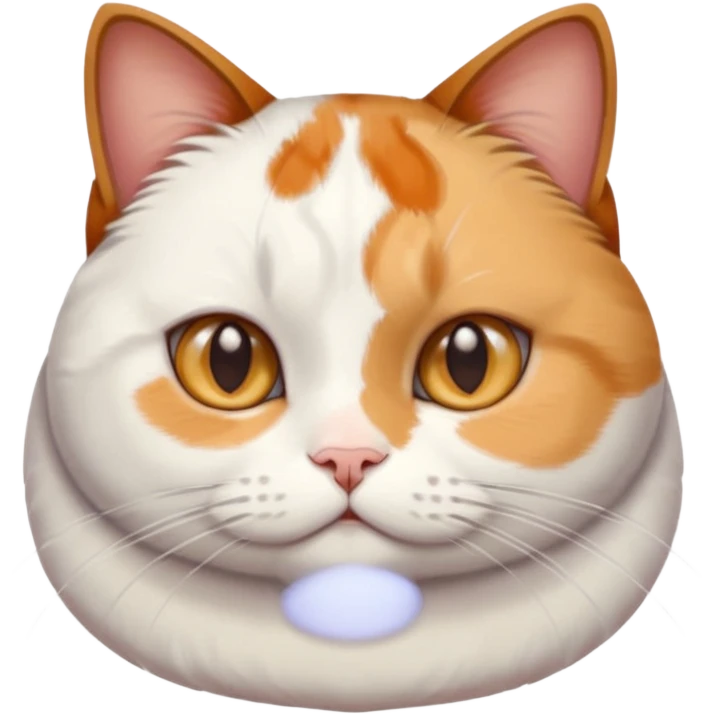 calico and white cat with small head, hazel eyes, and short but chubby body emoji