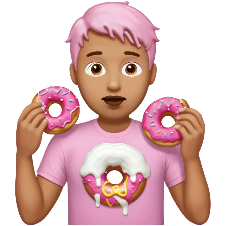 A man eating a pink donut spilling white icing down his face and clothes emoji