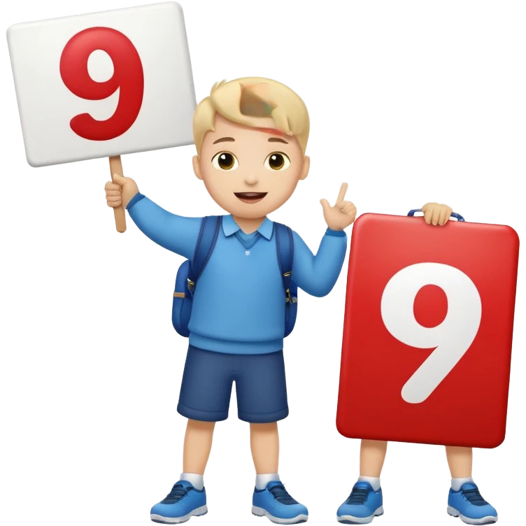 A school that has the number 9 on top of it's eyes holding a sign with the number 9 on the sign with a mouth sticking out his tongue with legs and arms with him being happy full of joy emoji