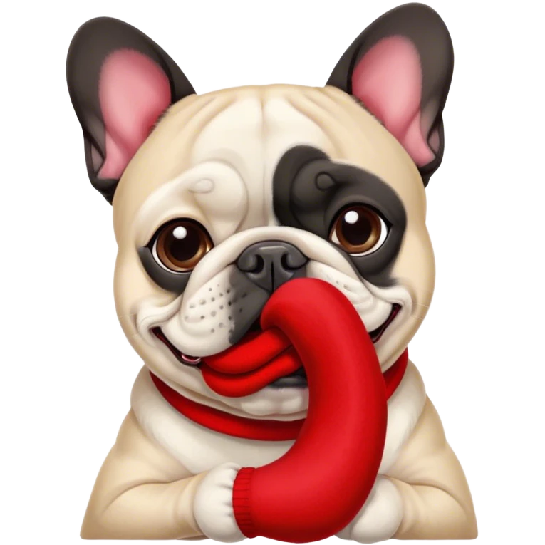 Black and white Bouledogue français eating a red sock  emoji