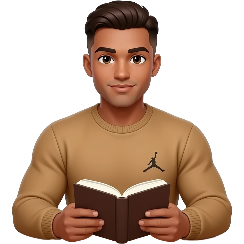 make me a 22 year old brown skin colored man with a thick brown low taper fade with a jordan tan swearshirt and he has a book infront of him looking at me sitting at a table and i can only see his higher half big muscles too emoji