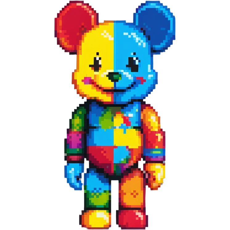 Pixel art KAWS Bearbrick figure with a happy smiling face, bright colors, and blocky bear shape emoji