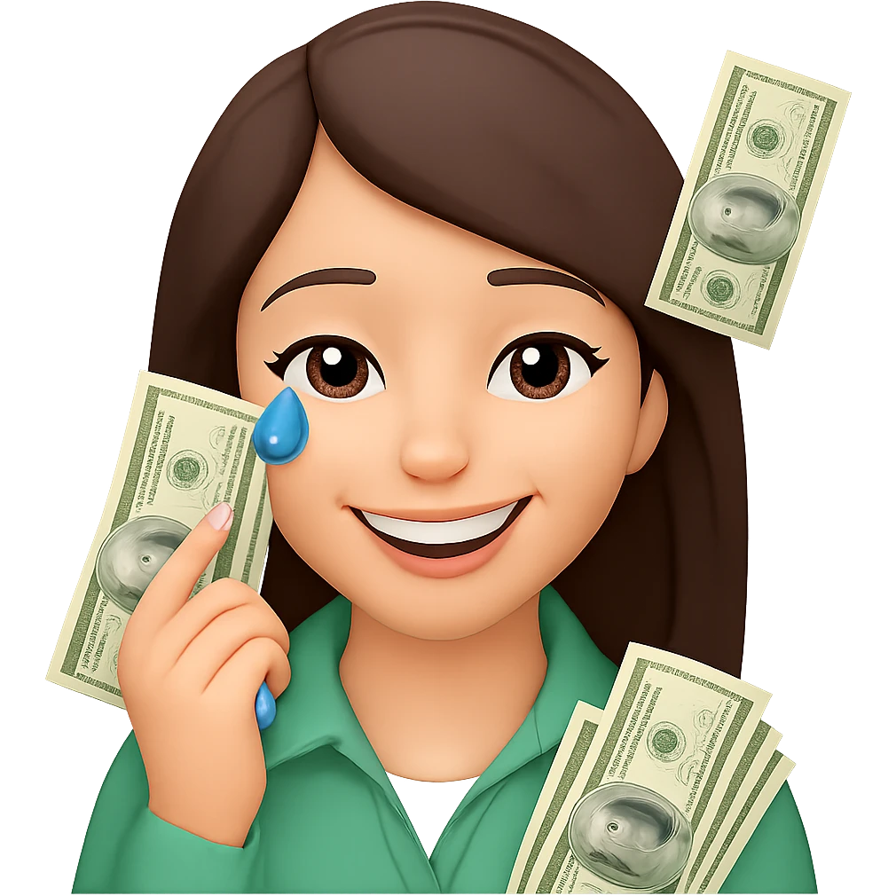 Make the brunette girl smile instead, drying her tears with money bills, expressive face, in emoji style, no background. emoji