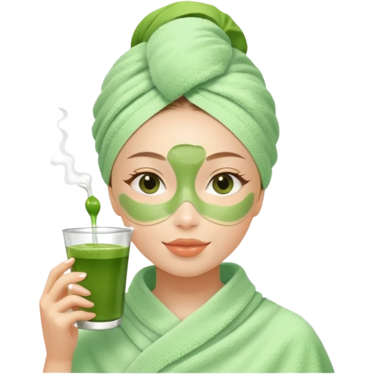 girl in moisturizing sheet mask and towel on head drinks matcha emoji