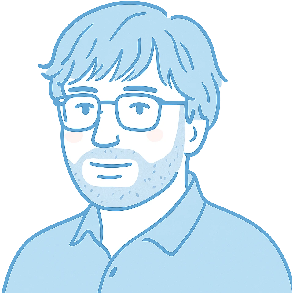 A man with glasses, stylishly messy longer hair with cool well-defined bangs, a naturally round face shape, and a broader nose. Use light faded blue colors for the main outlines and details, subtle pink highlights only on the cheeks, and gray only for the short beard and shadow details where necessary. emoji