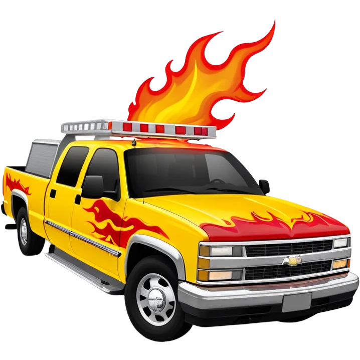 Yellow 1997 Chevrolet C-2500 Crew Cab with vibrant airbrushed red flame artwork flowing dramatically across hood and front, highly detailed fire pattern, Kill Bill movie vehicle, 30-degree view, iOS emoji style emoji