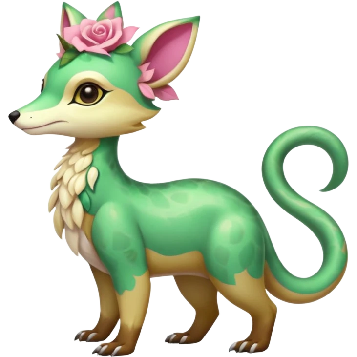 Colorful brown with rose-pink, yellow-beige-cream, jade-green tropical exotic shiny beautiful fantasy-Vernid-Cacomistle-animal-Fakémon-hybrid-fursona (full body) emoji