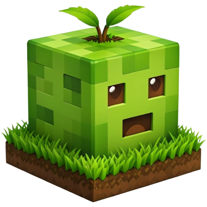 A 3D Apple-style emoji of a Minecraft grass block, cubic shape, with bright green grass on top and brown soil with pixel texture on the sides, simple and cute cartoon design. emoji