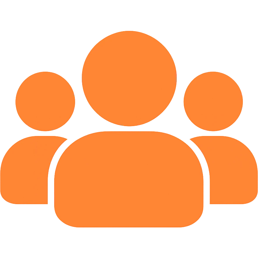 Make the silhouette of three people slightly 3D with a more frontal view (less side view). Use a solid shape with no borders, colored orange #fe6601, and a transparent background. emoji