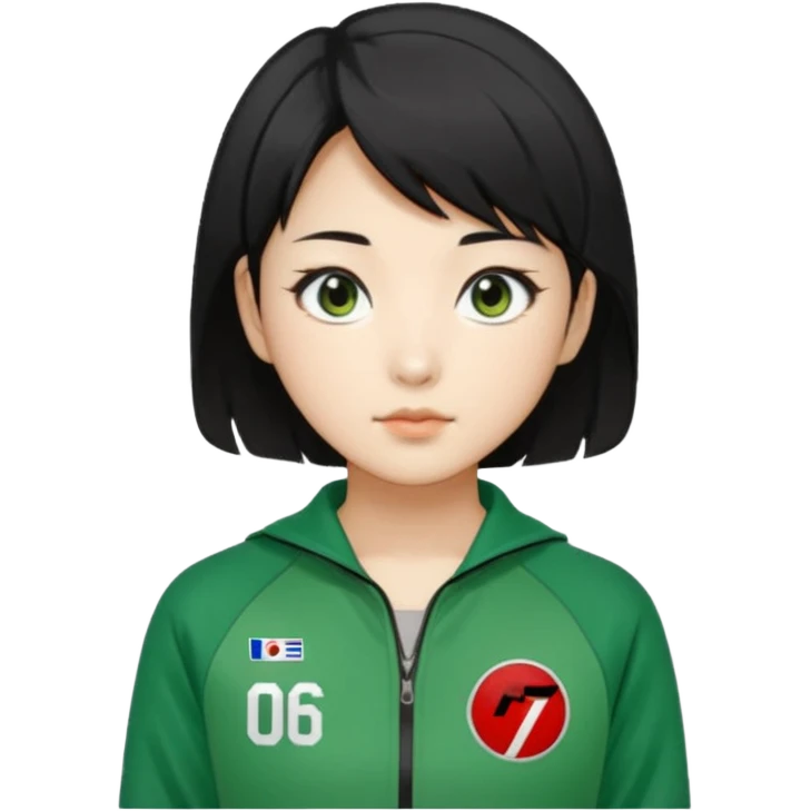 Create Kang Sae-byeok (Player 067), Korean female, short layered black hair, sharp eyes, green tracksuit with number 067 patch on chest. emoji