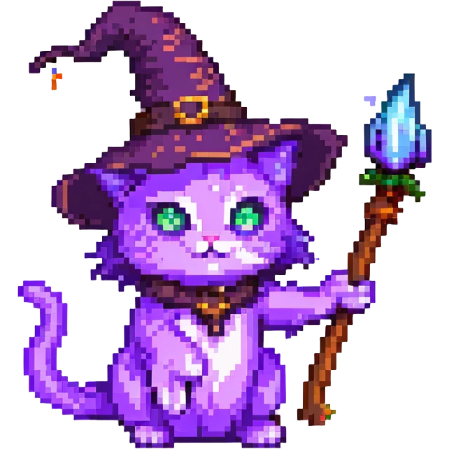 A purple witch cat, pixel art style, casting a spell. emoji