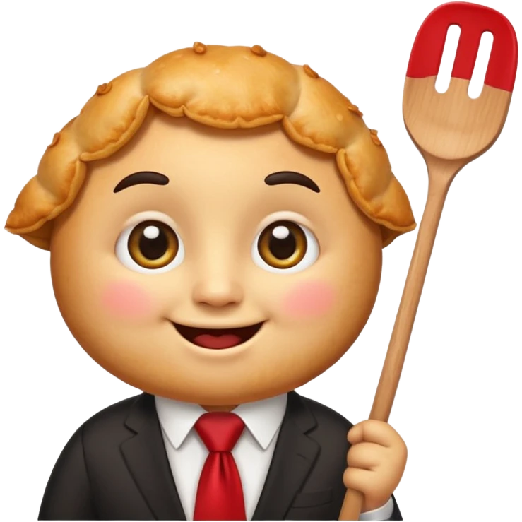 emoji style, happy fried empanada with face, big sparkling eyes, blushing cheeks, two buck teeth, red necktie, holding spatula, thick black outline, golden brown color, very cute and wholesome, transparent background emoji