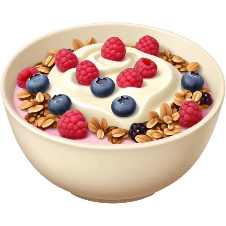 yogurt brown bowl with raspberries, blueberries and granola  emoji