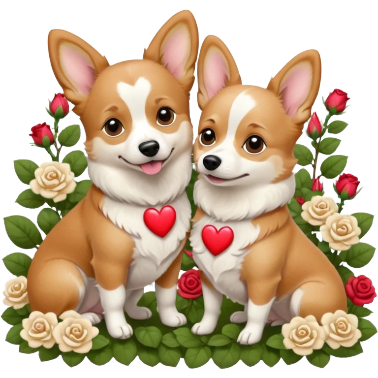 Male tan and white corgi dog with a female white Chihuahua with brown heart spots in a rose garden  emoji