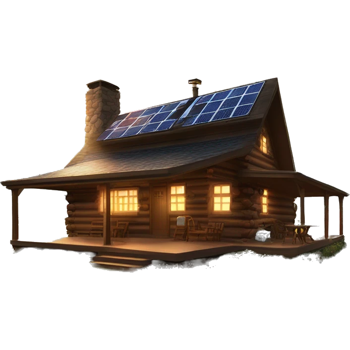 Skywalker Cabin is a clean Very big Wood Cabin near tree on the mountain in the background. with fancy solar arrays on top. The cabin sits on thick grass fields. porch lights on ,guests on porch smoking cigarettes, flowers and bushes nearby emoji