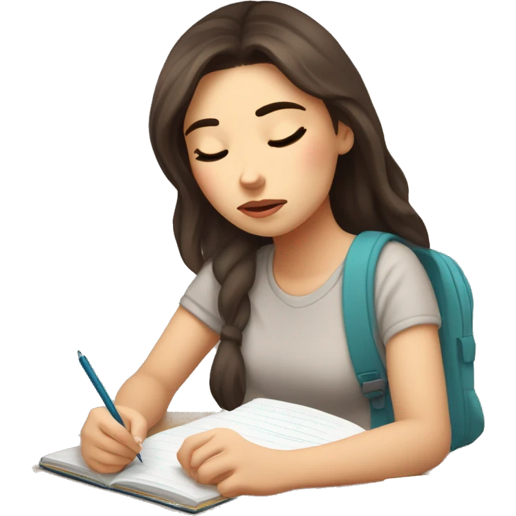 Tired girl brunette student writing an outline in a notebook and wants to sleep Tired girl brunette student writing an outline in a notebook and wants to sleep  emoji