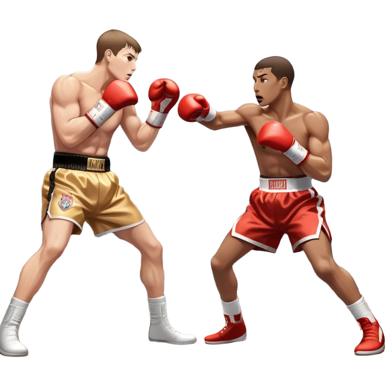 Two professional boxers in the ring, fighting for the world champion title. One delivers a long punch to the head, while the other skillfully dodges. The background features a crowded arena with bright lights and intense action. Transparent background emoji