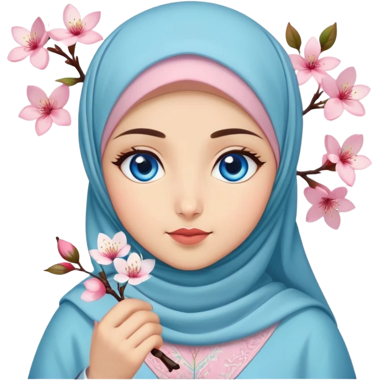 Turkish beautiful finish Konya girl blue eyes with hijab islamic dress and had on her hand cherry blossom emoji