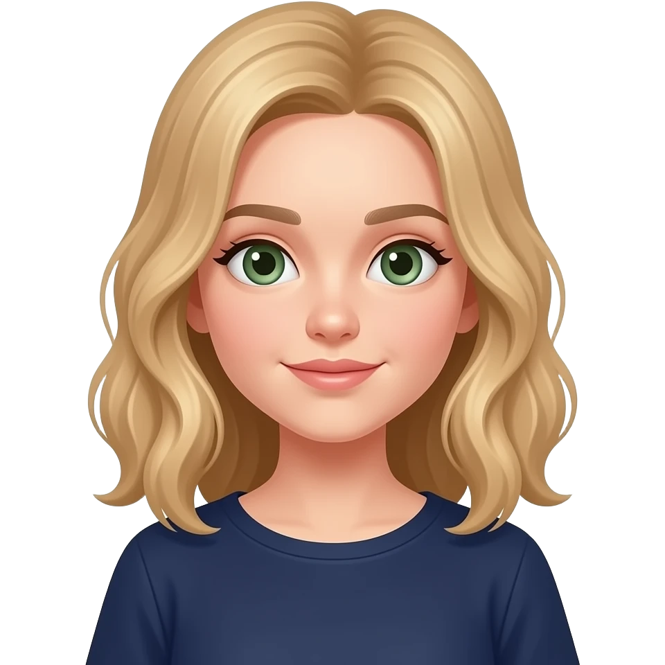 Girl with pale skin, sightly wavy hair, dark green eyes, blonde hair, back length hair, navy color top emoji