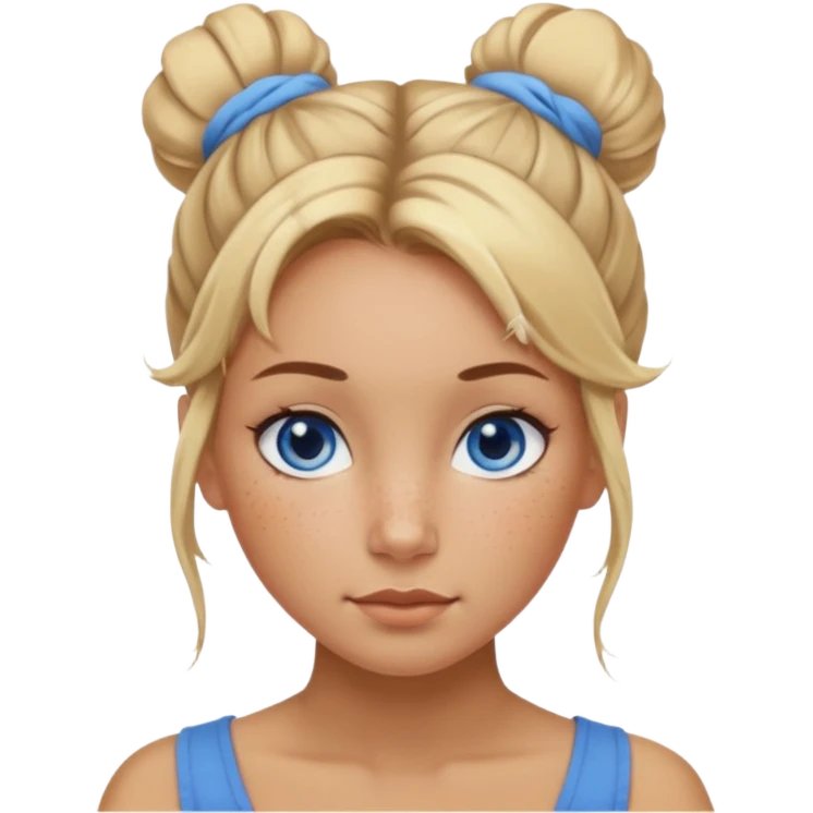 Attractive Woman with tan skin, wide face, freckles, blonde messy bun hairstyle, and blue eyes emoji