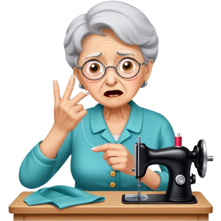 Grandmother pricks finger sewing, shocked expression, pain, surprise, distress. emoji