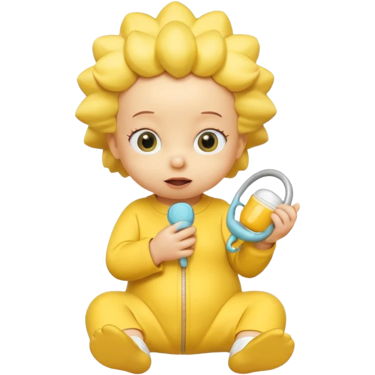 A 3D cartoon baby character entirely yellow, styled like Maggie Simpson, with pacifier, yellow onesie, big eyes, smooth shading, Memoji-style rendering, consistent with other yellow Simpsons characters, yellow skin tone. emoji