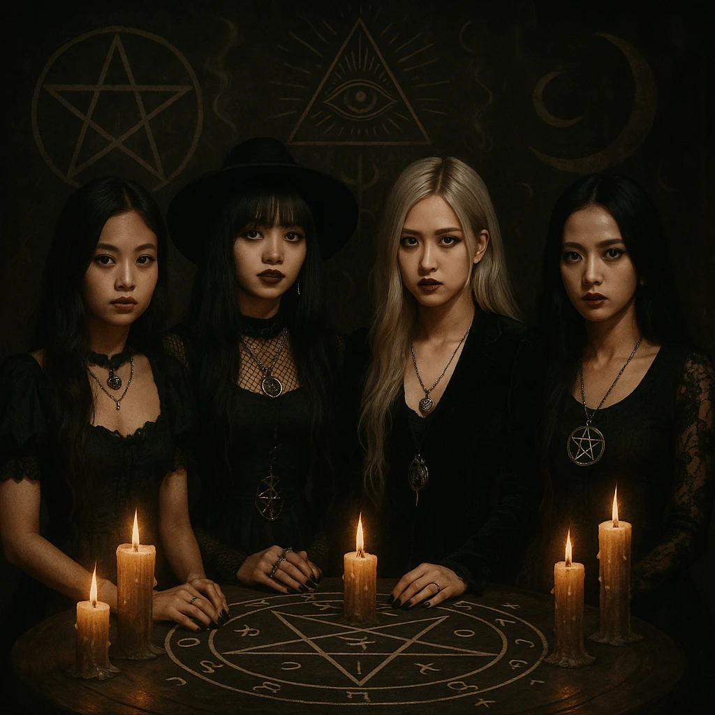 Blackpink in occult goth style, mystical symbols, candles, mysterious vibe emoji