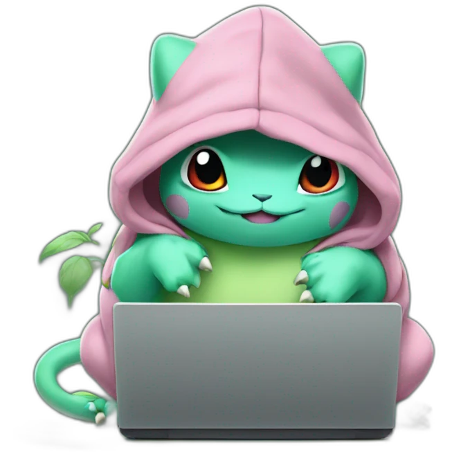 a bulbasaur in a hoodie at a laptop emoji
