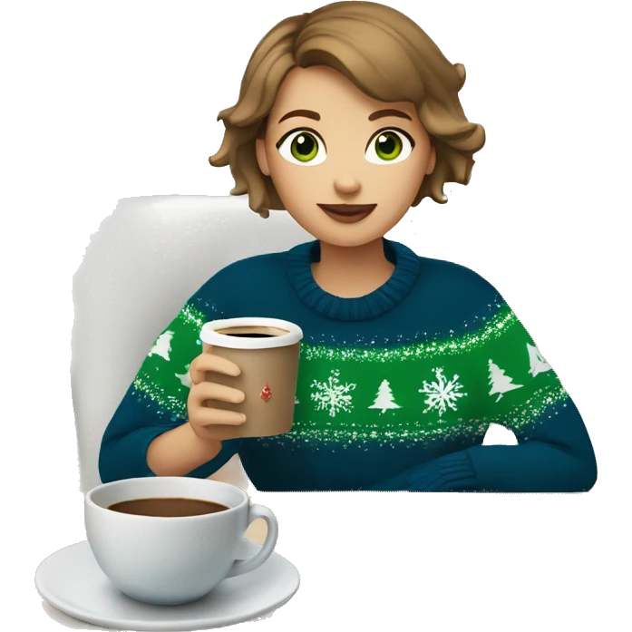 Light brown short haired girl with green eyes drinking coffee wearing blue Christmas sweater emoji