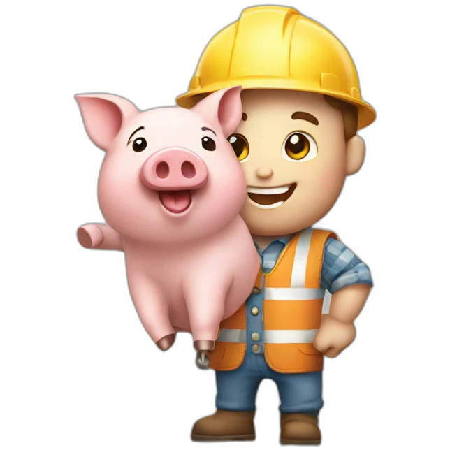 happy little piggy dressed like a builder holding a brick in his hand emoji