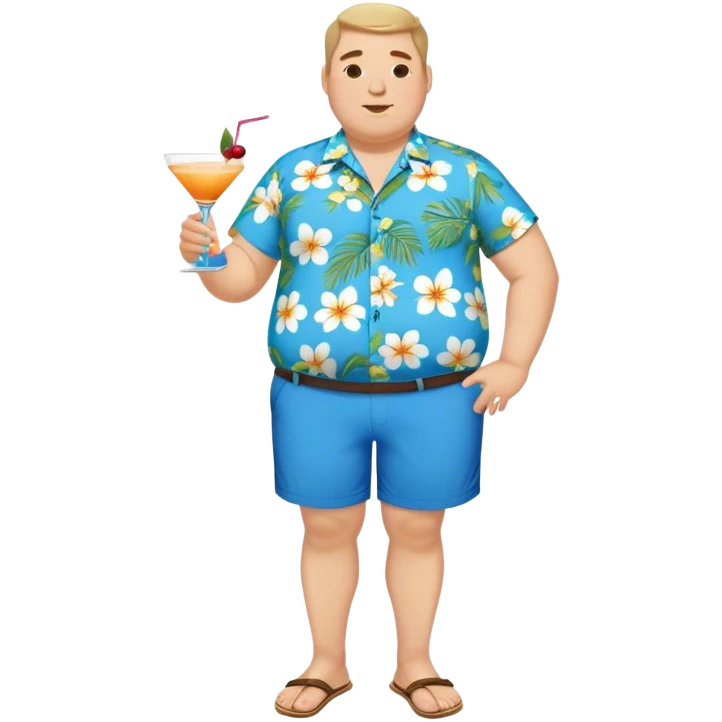 chubby guy full figure in a flowered azure havai shirt, brown shorts and flippers holding a cocktail emoji
