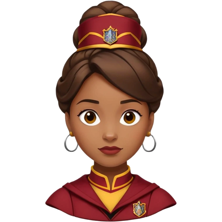 Angelina Johnson in harry potter, wear hogwarts gryfindor uniform,  thick, brown bun hair , reflecting her bold, stylish, and strong personality emoji