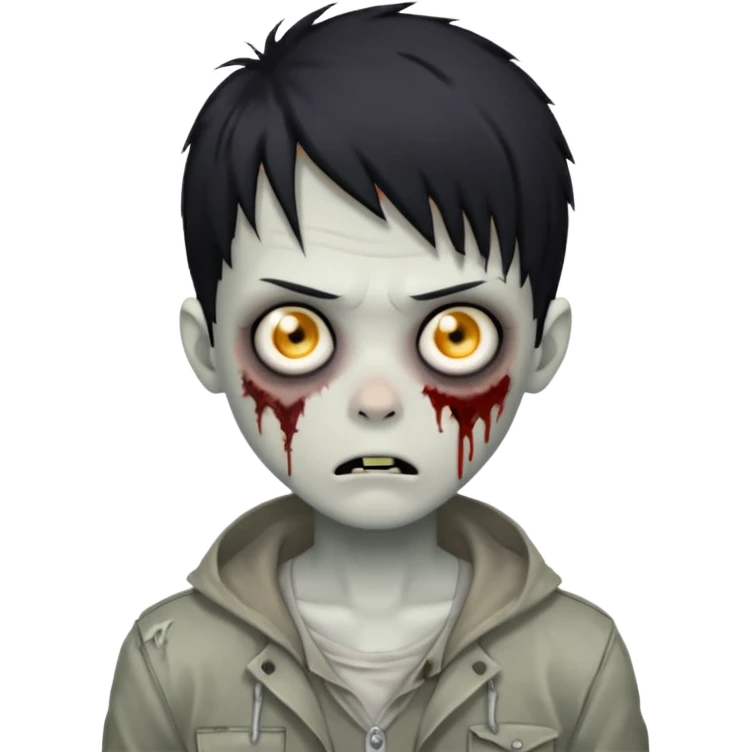 Faça um menino zombie, com cabelos preto igual de anime, com olhos cinza emoji
