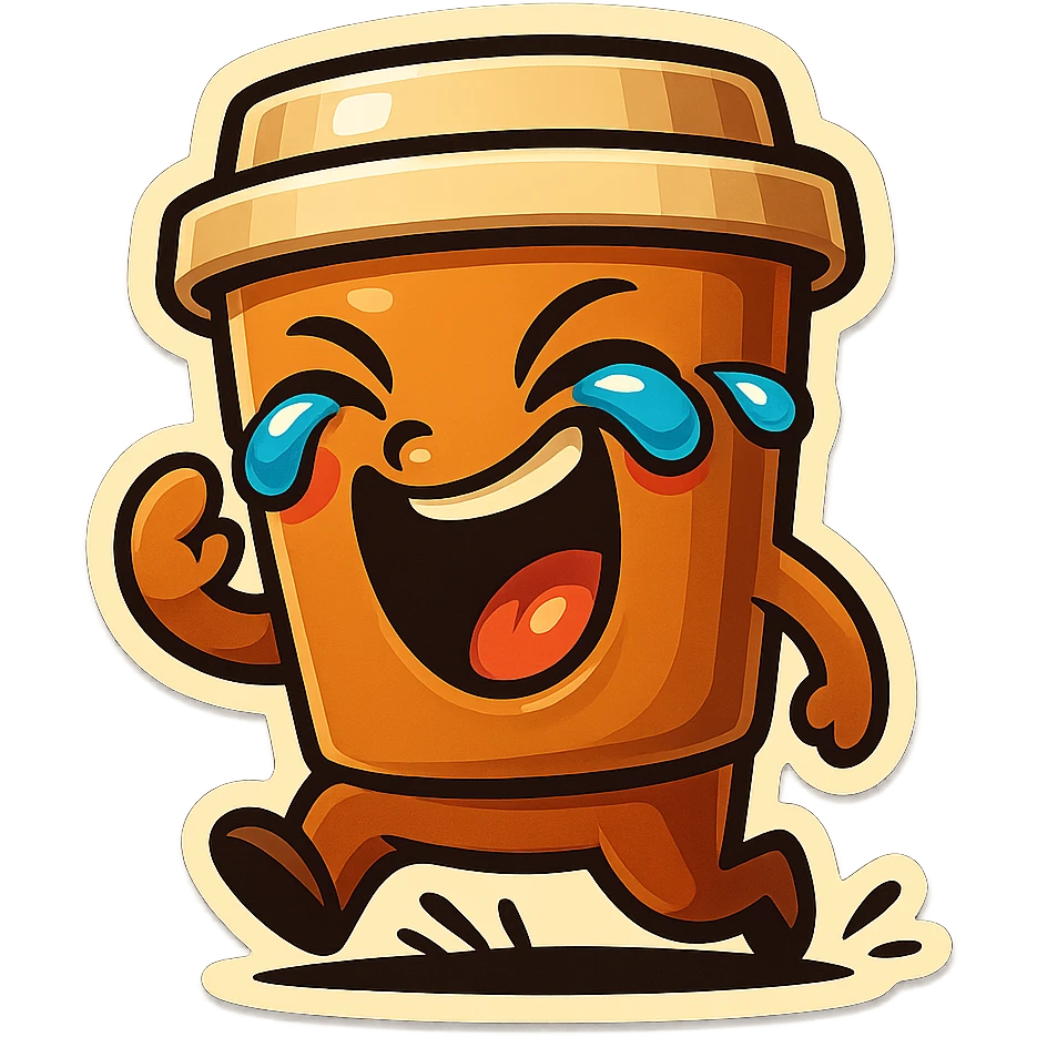 Tall coffee cup, laughing hard, tears in eyes, pounding ground, dramatic laugh emoji