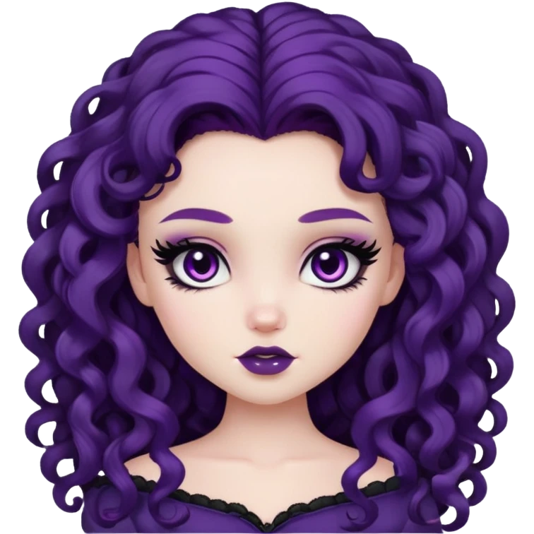 curly long dark purple hair, pale skin, brown eyes, pretty bratz baddie, black eyeliner, blush emoji