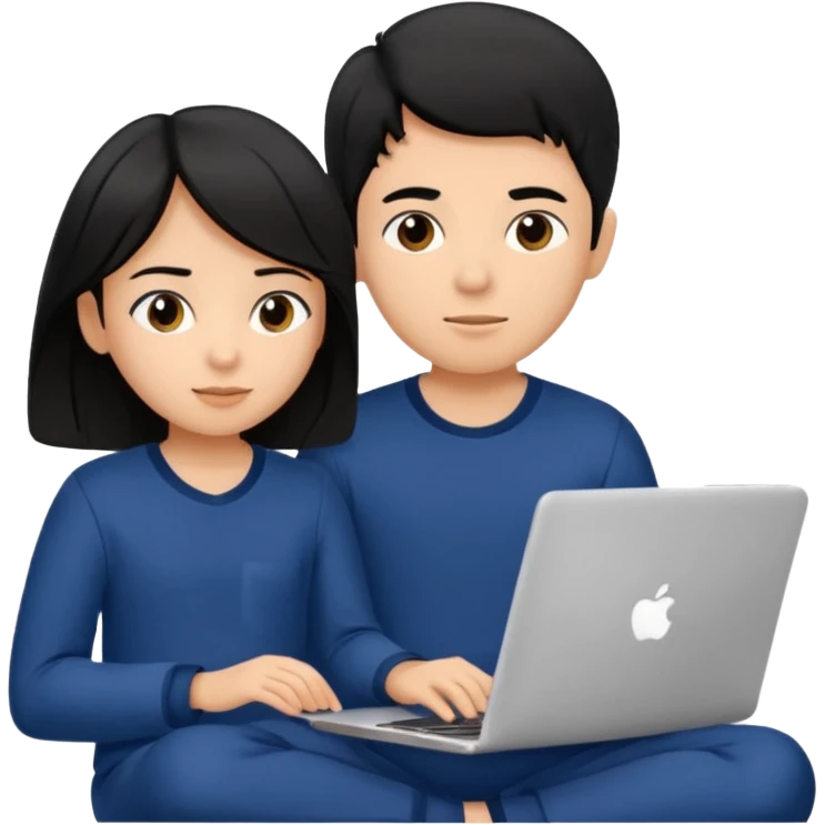 black haired boy and girl in navy blue pajamas , watching movie on laptop emoji