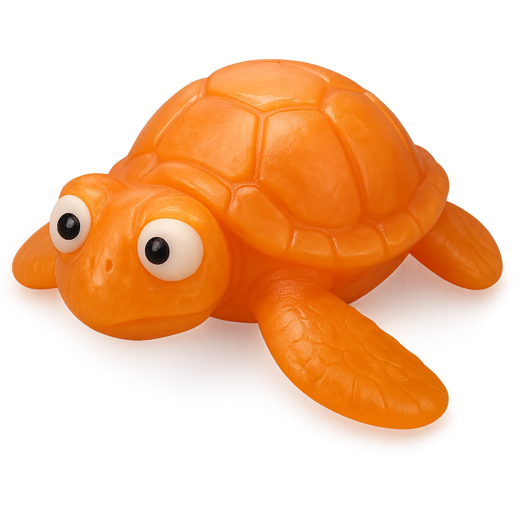 hyper-detailed retro 90's toy style bright orange semi-transparent soft plastic sea turtle with derpy eyes soft reflections soft and squishy some cloudiness not shiny highly detailed appealing no tag no background emoji