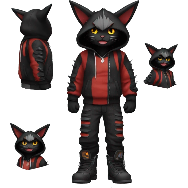 Cool Anthro Black Bat-Nargacuga-Litten-cat-Pokémon with edgy stripes hoodie spiked collar punk techwear Full Body emoji