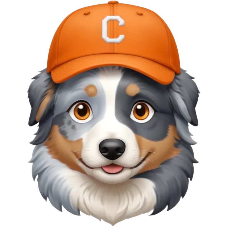 Blue Merle Australian Shepherd with icy blue eyes wearing an orange baseball cap. emoji