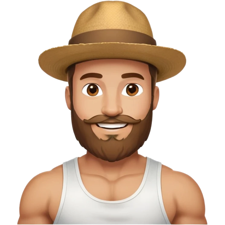Muscular man with mid-long hair wearing a hat, big beard, smiling, white tank top emoji